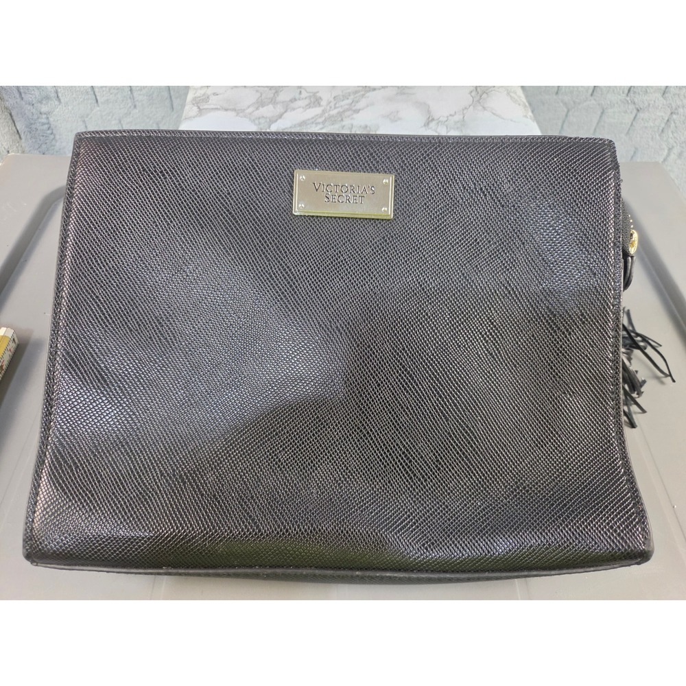 Victoria's Secret Black Faux Leather Tassel Cosmetic Bag Clutch ADADNS951511 NEW